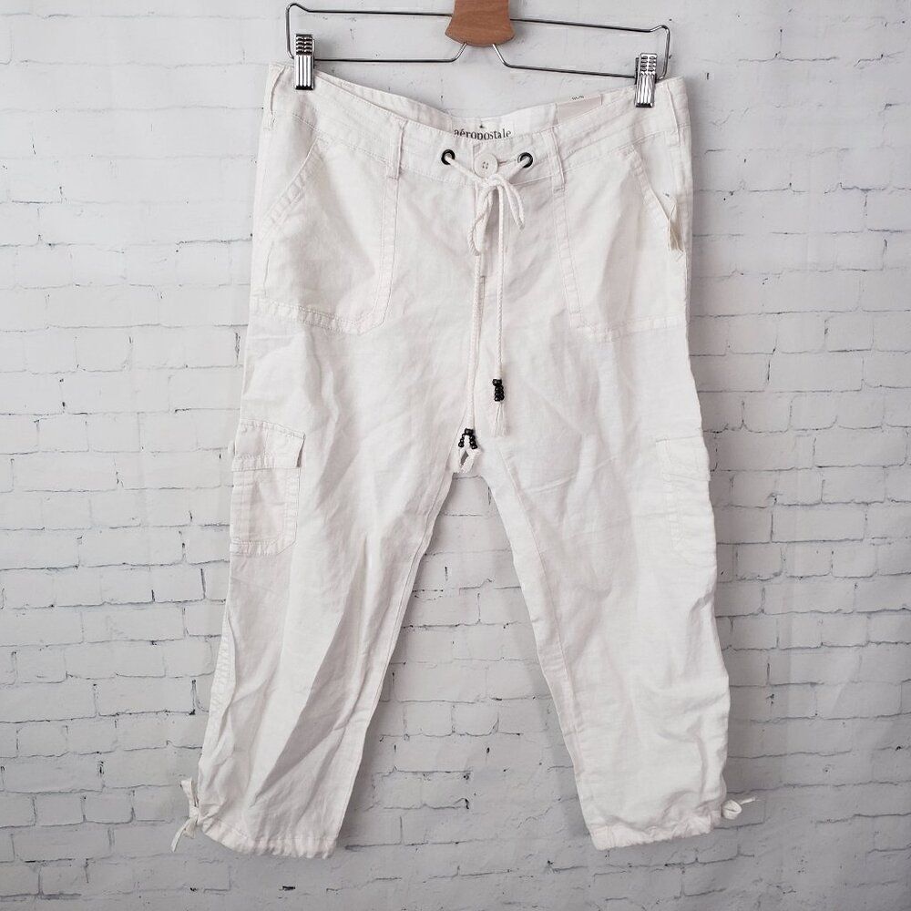 Aeropostale Y2K Cropped Linen Pants Size 9 / 10 White Low Rise NEW Deadstock